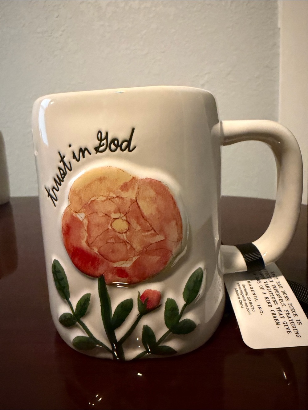 Rae Dunn Cream Floral "Trust in God" Mug with Pink/Peach Blossom - Picture 4 of 4
